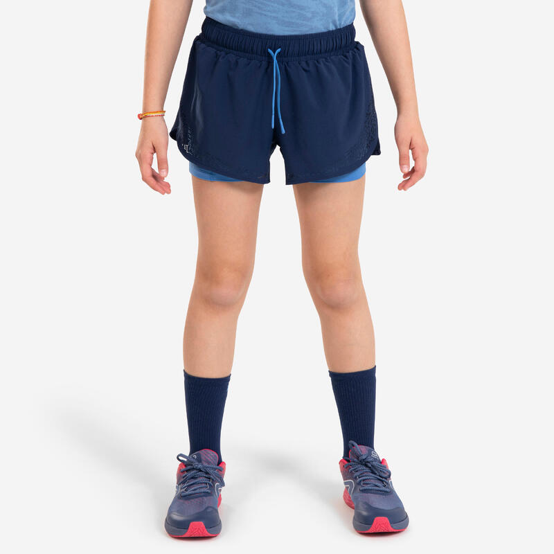 Short cuissard de running respirant Fille - KIPRUN DRY+ 2 en 1 marine et bleu