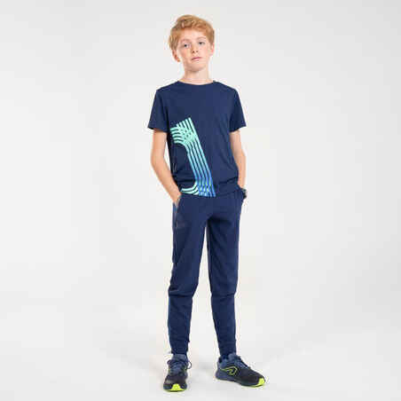Vaikiški laidūs orui bėgimo marškinėliai „Kiprun Dry+“, tamsiai mėlyni, žali