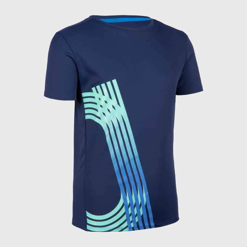 T-SHIRT DE CORRIDA RESPIRÁVEL CRIANÇA - KIPRUN DRY AZUL MARINHO VERDE