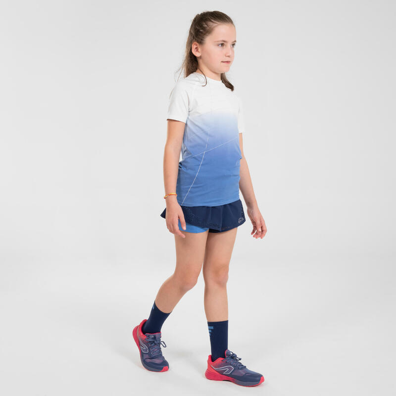 T-shirt de corrida sem costura para crianças - KIPRUN SKINCARE branco azul