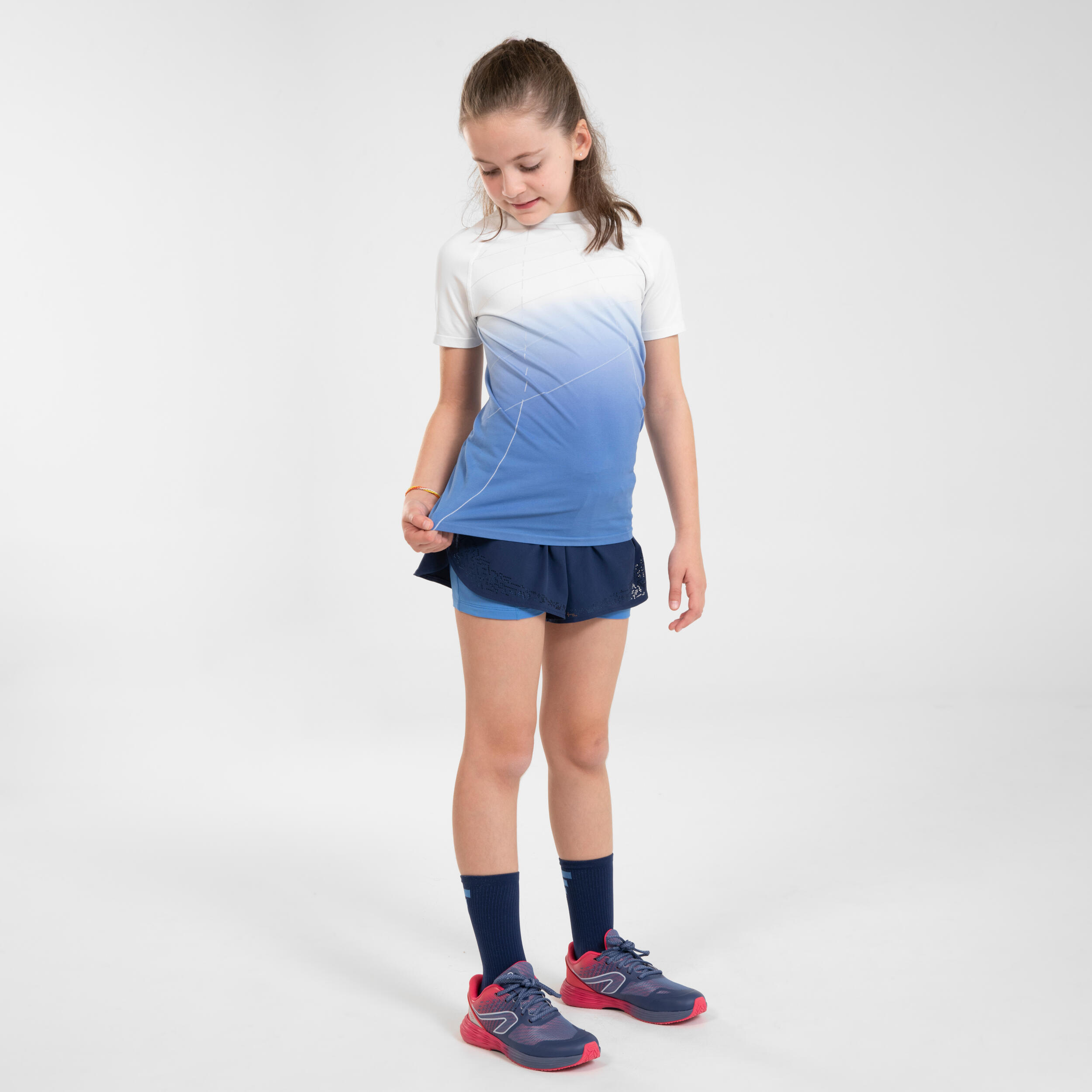 KIPRUN DRY+ Girls' 2-in-1 Running Tight Shorts - navy and blue 14/16