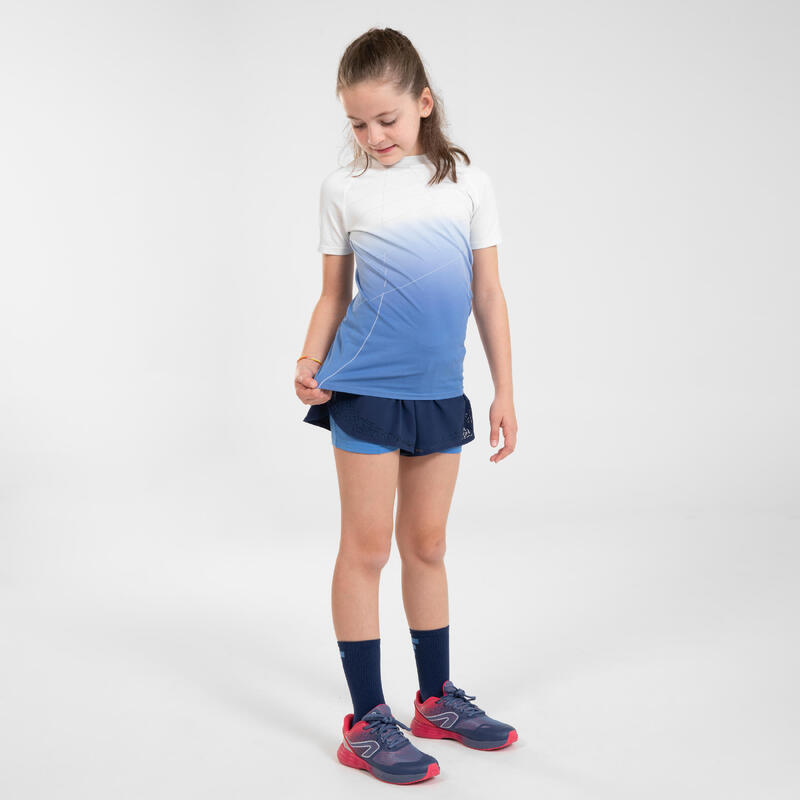 Ademende hardloopshort en korte tight 2-in-1 meisjes DRY+ marineblauw en blauw