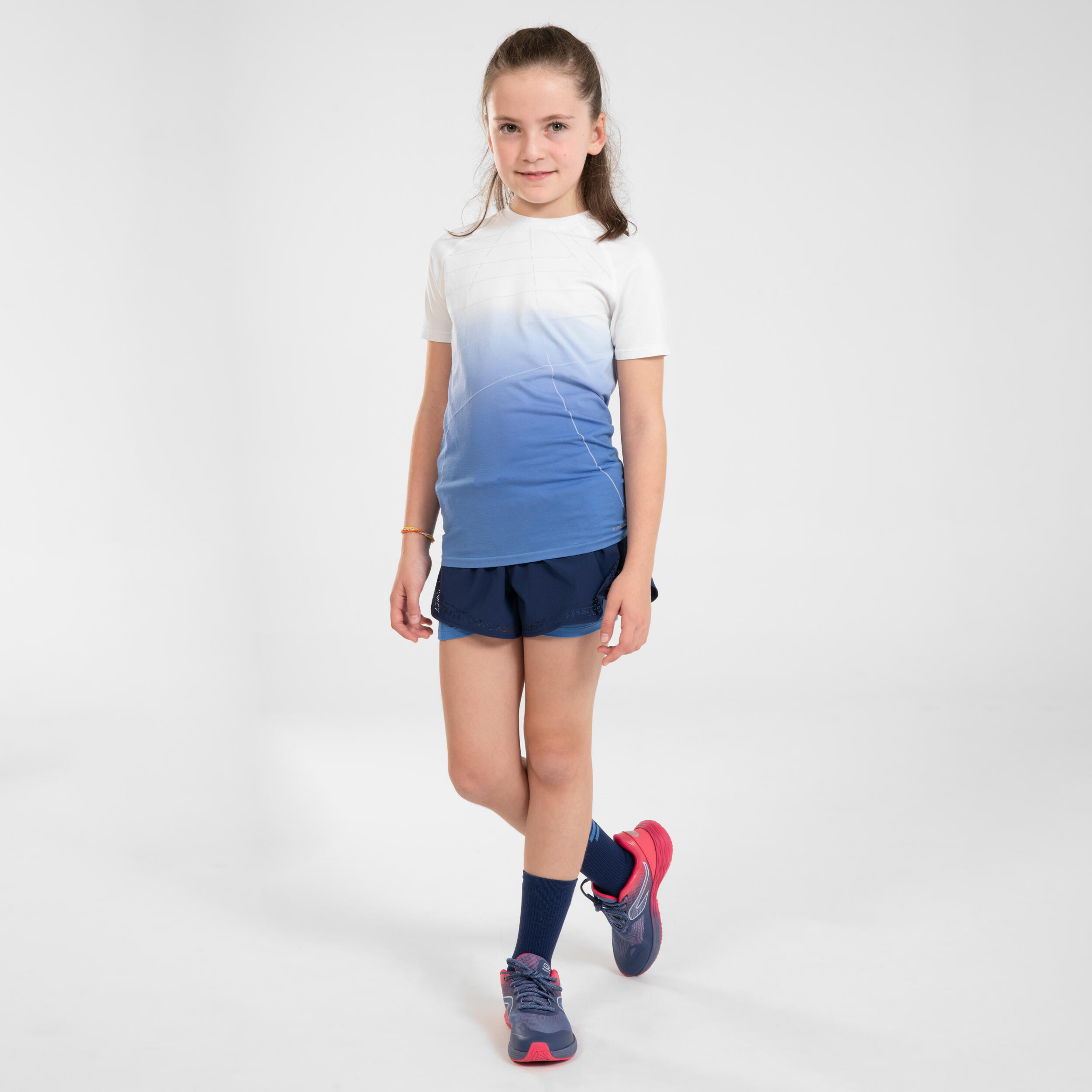 KIPRUN DRY+ Girls' 2-in-1 Running Tight Shorts - navy and blue 13/16