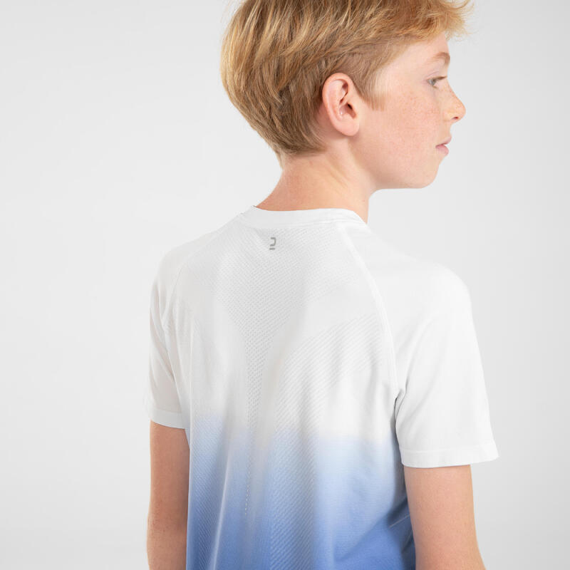 Naadloos hardloopshirt voor kinderen ecodesigned SKINCARE wit/blauw