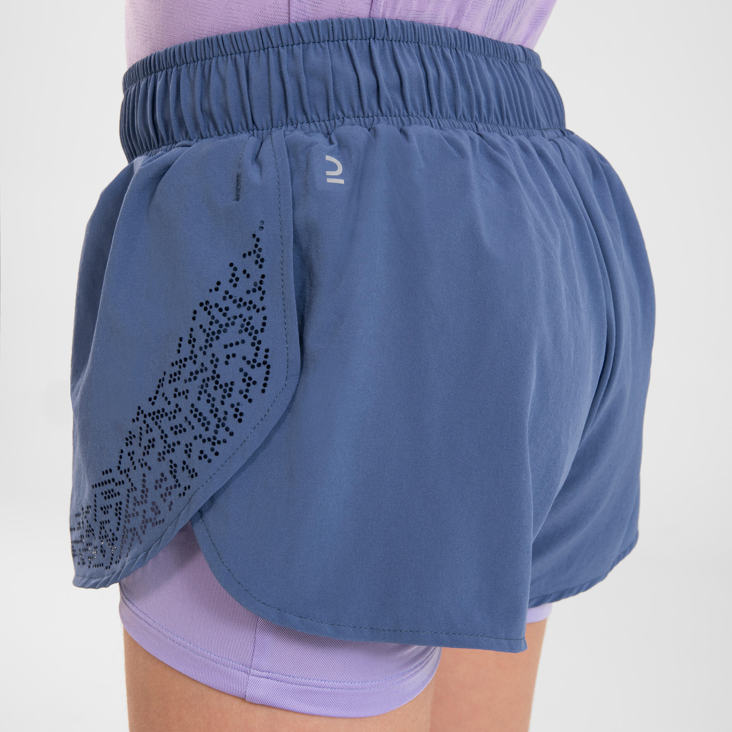 KIPRUN DRY+ girl's breathable 2-in-1 tight running shorts - denim and mauve 11/14