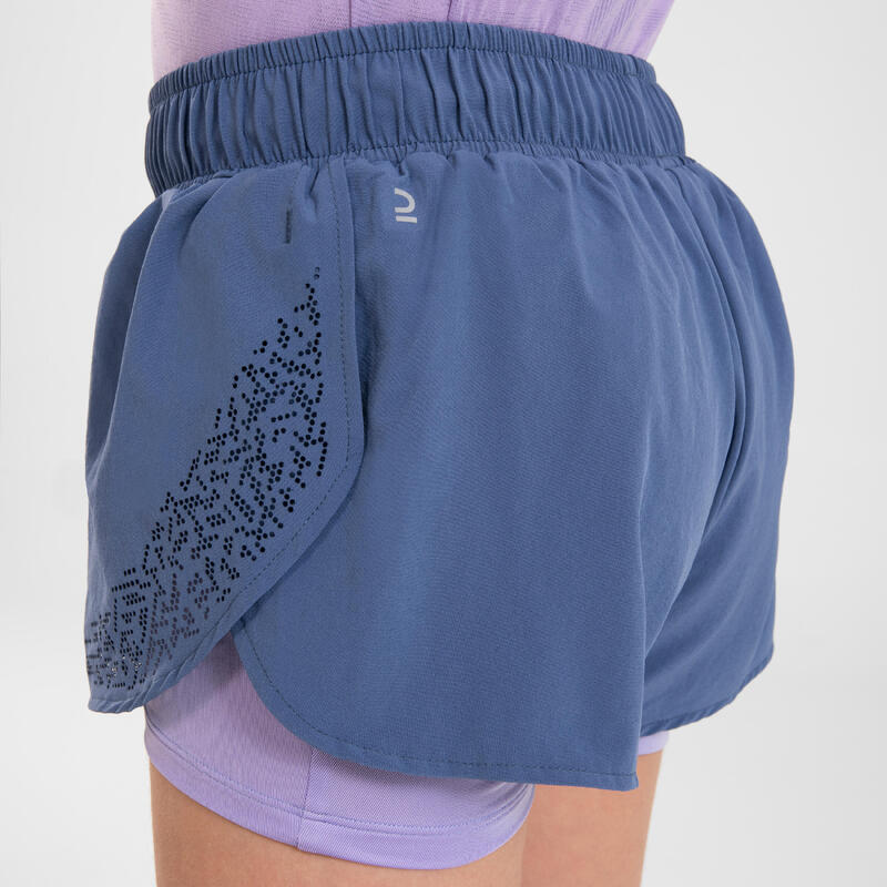 Pantalón corto mallas running transpirable Niña - KIPRUN DRY+ 2 en 1 tejano y malva