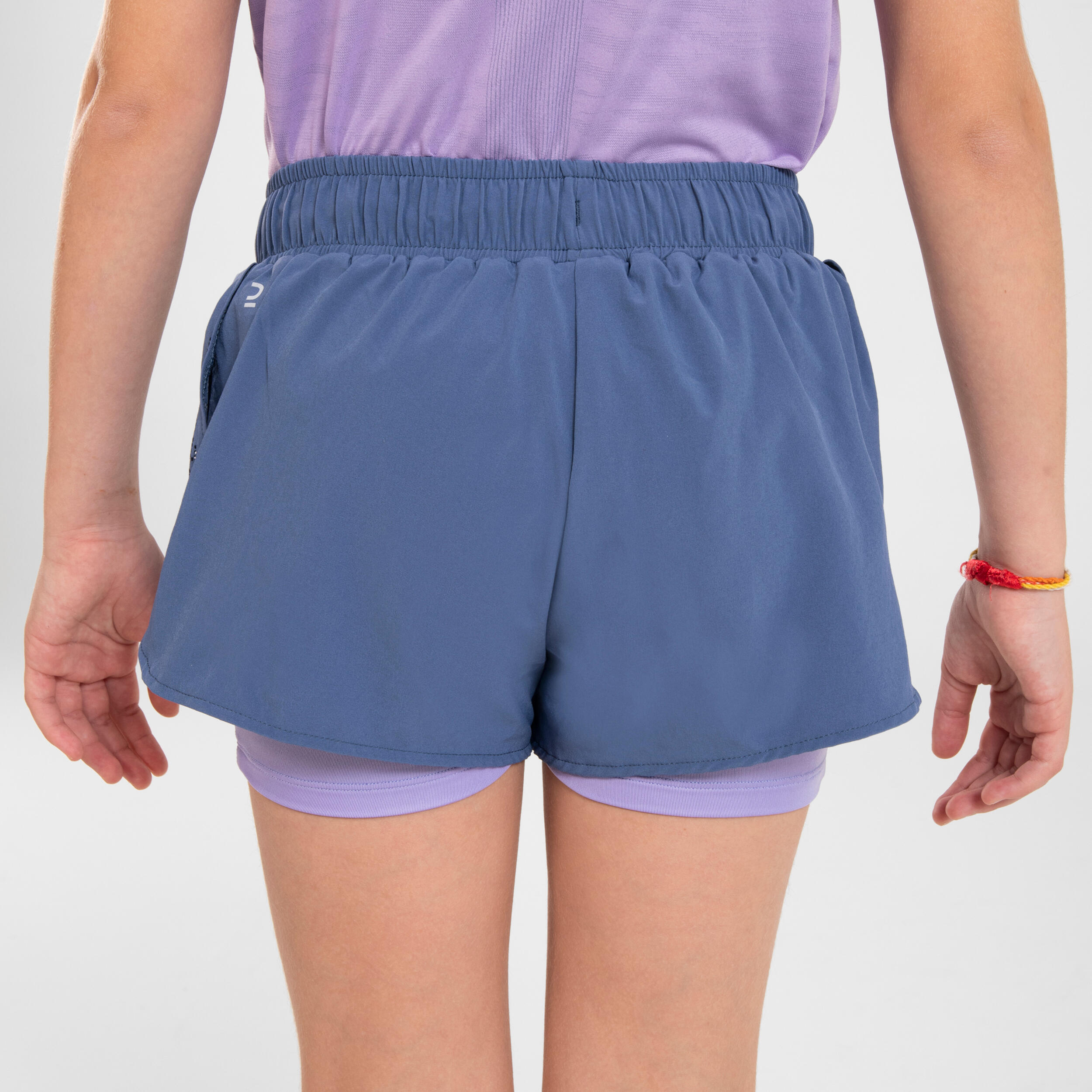 KIPRUN DRY+ girl's breathable 2-in-1 tight running shorts - denim and mauve 10/14