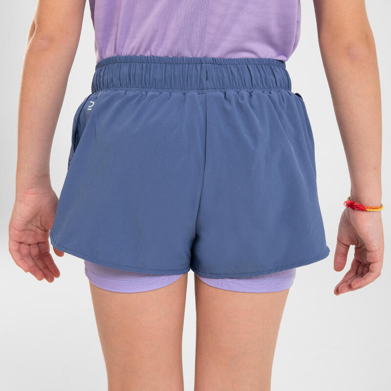 Pantaloncini con cosciali running bambina KIPRUN DRY+ denim-viola chiaro