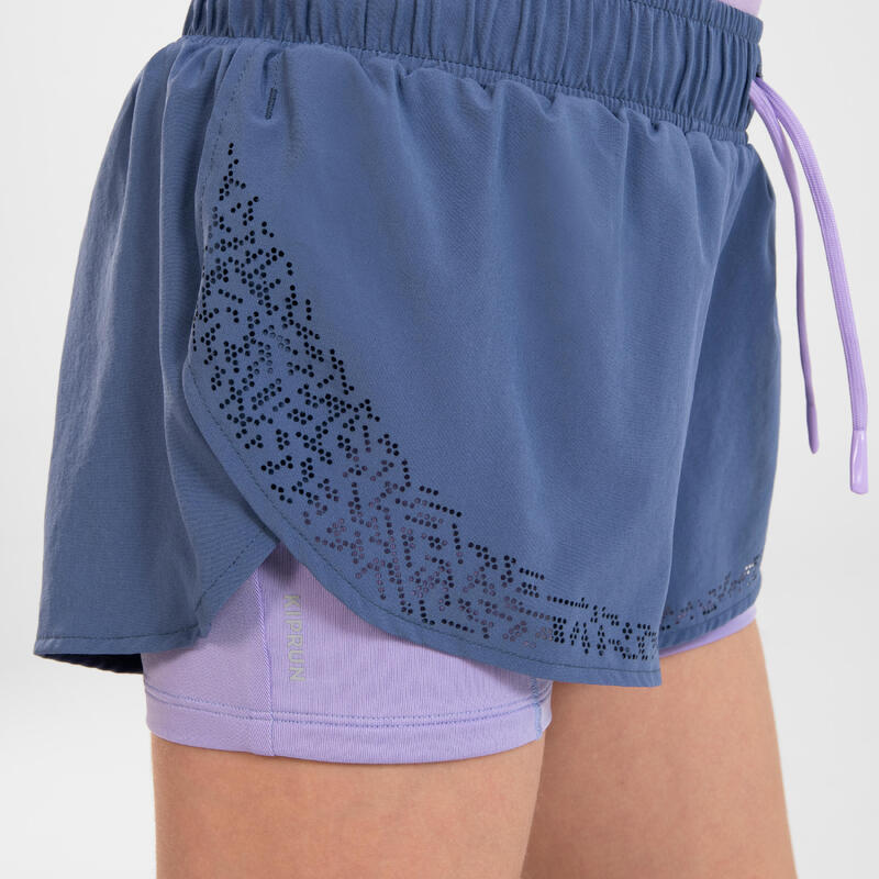 Pantaloncini con cosciali running bambina KIPRUN DRY+ denim-viola chiaro