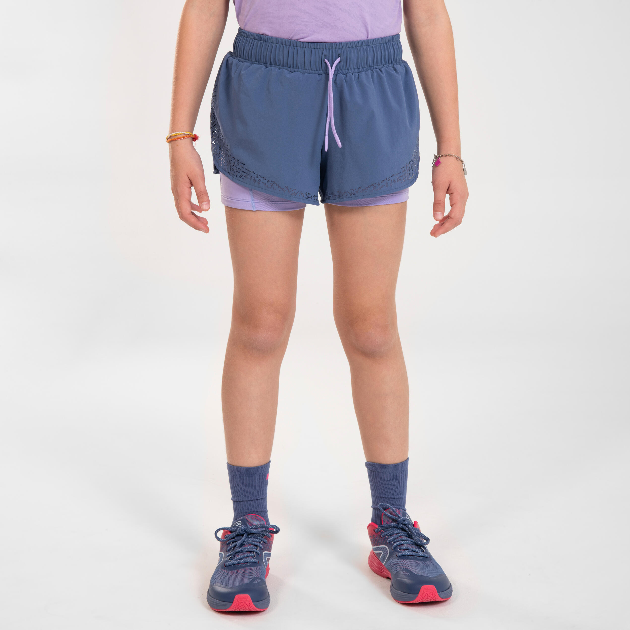 KIPRUN DRY+ girl's breathable 2-in-1 tight running shorts - denim and mauve 1/14