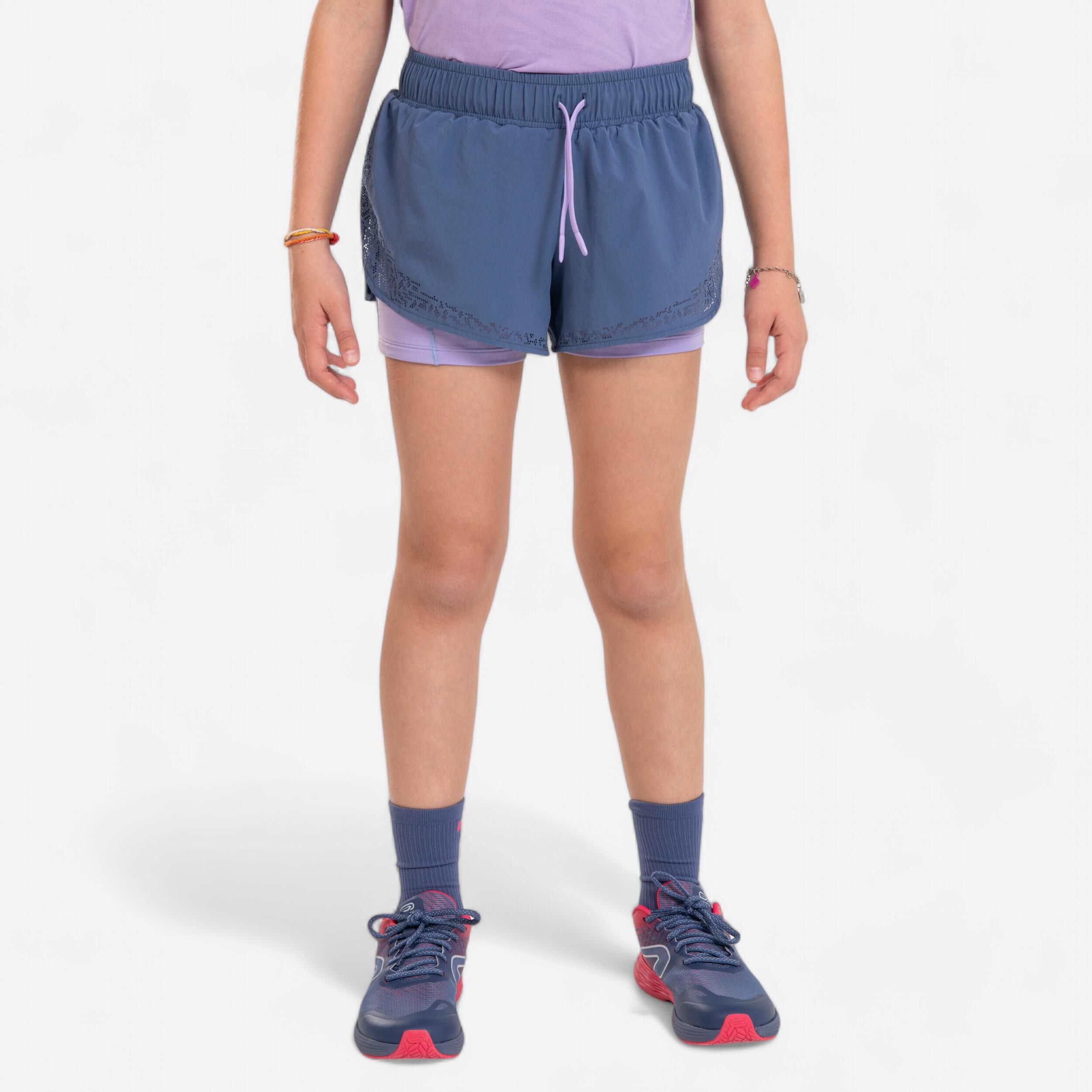 KIPRUN DRY+ girl's breathable 2-in-1 tight running shorts - denim and mauve 1/14