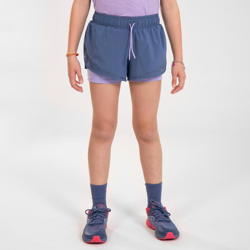 Ademende hardloopshort en korte tight 2-in-1 meisjes DRY+ jeansblauw en zachtpaars