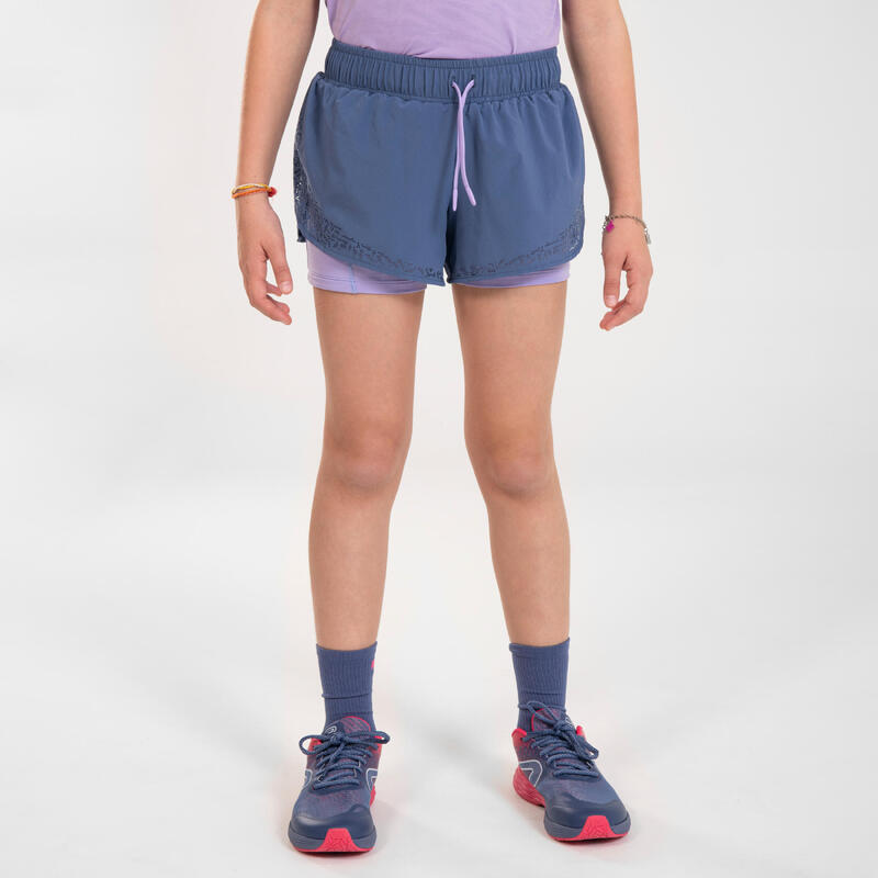 Short cuissard de running respirant Fille - KIPRUN DRY+ 2 en 1 denim et mauve