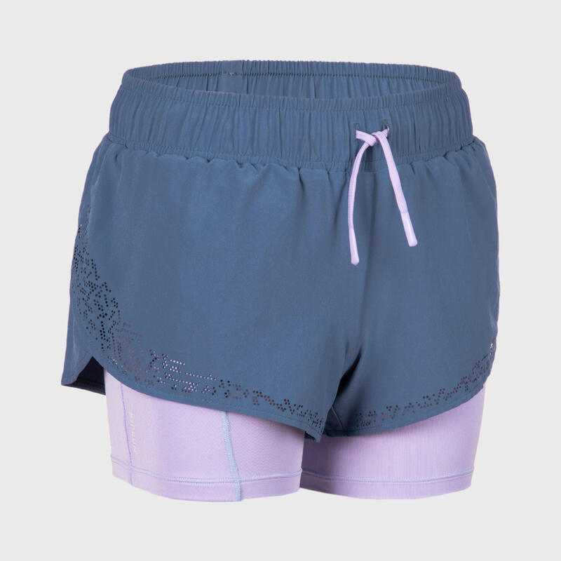 Short cuissard de running respirant Fille - KIPRUN DRY+ 2 en 1 denim et mauve