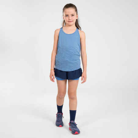 Mergaičių prigludę bėgimo šortai „du viename“ „Kiprun Dry+“, tamsiai mėlyni ir mėlyni