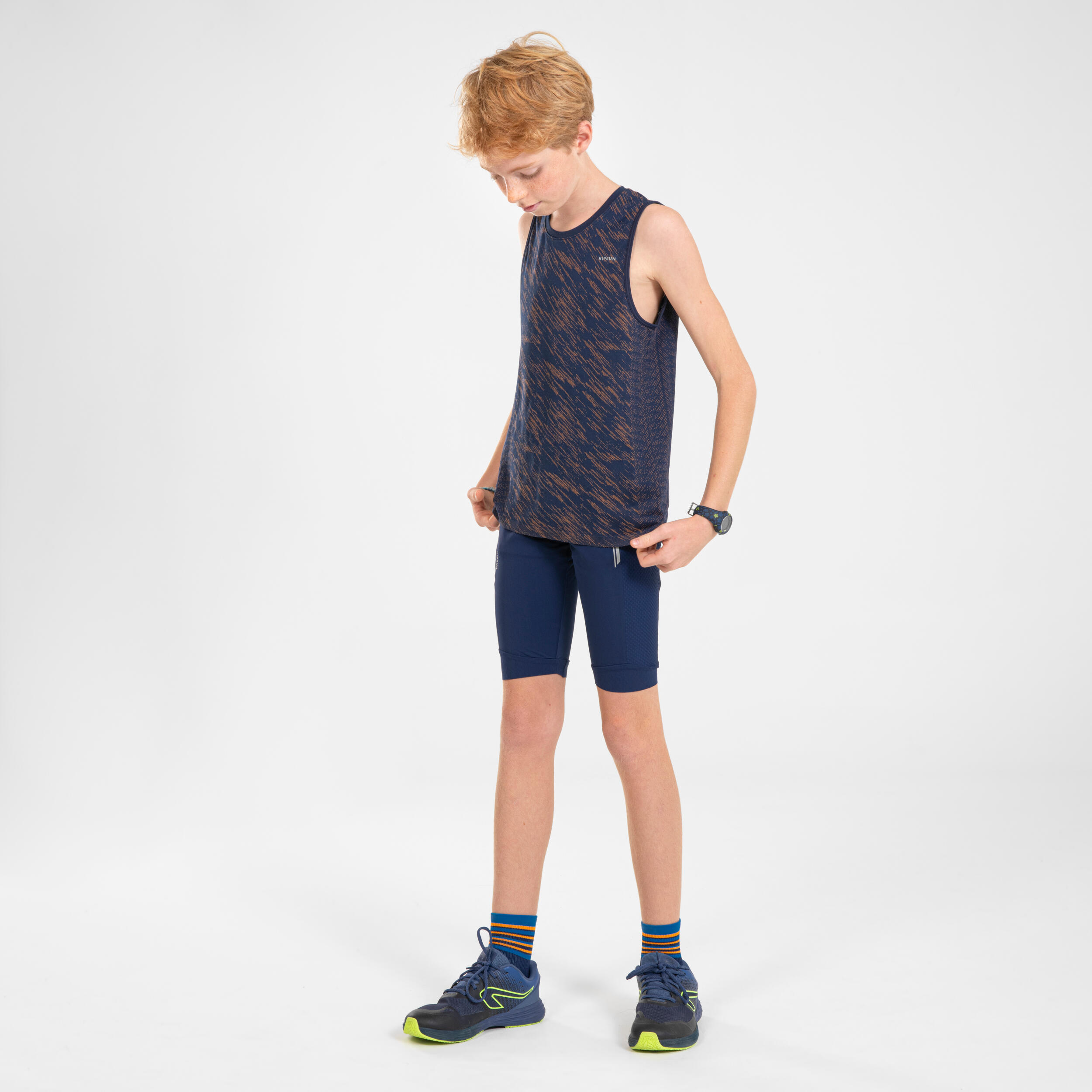 KIPRUN CARE kids' seamless running tank top - navy/orange 10/11