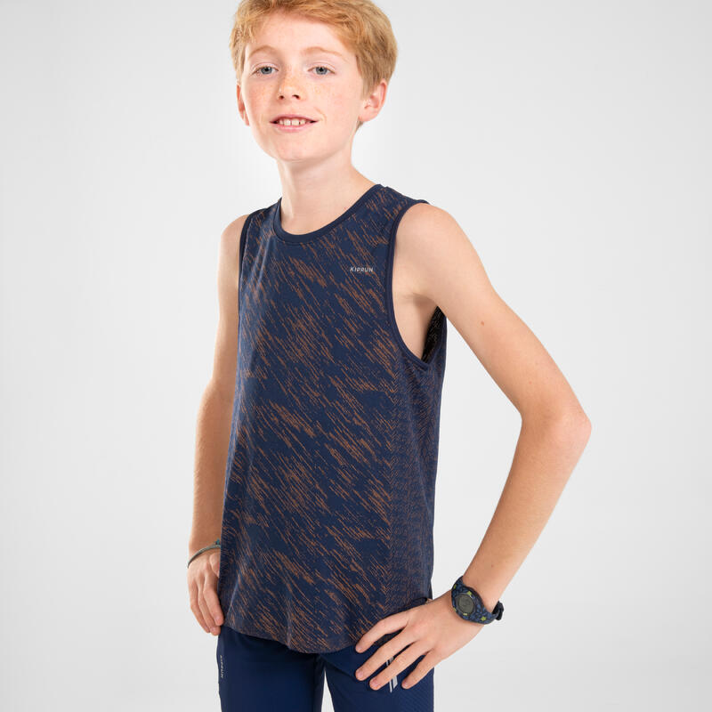 Naadloos mouwloos shirt voor kinderen CARE marineblauw oranje