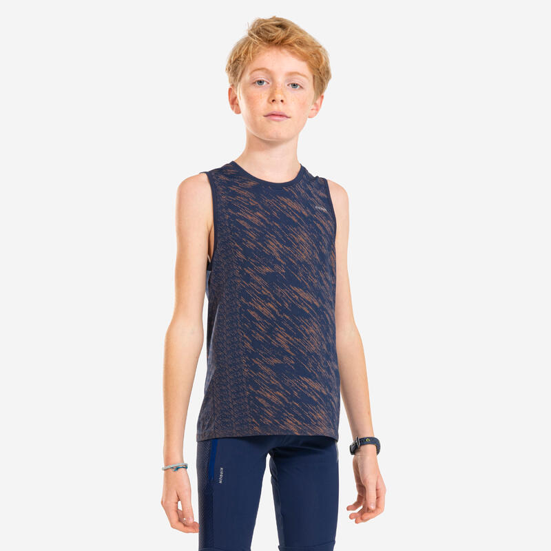 Naadloos mouwloos shirt voor kinderen CARE marineblauw oranje