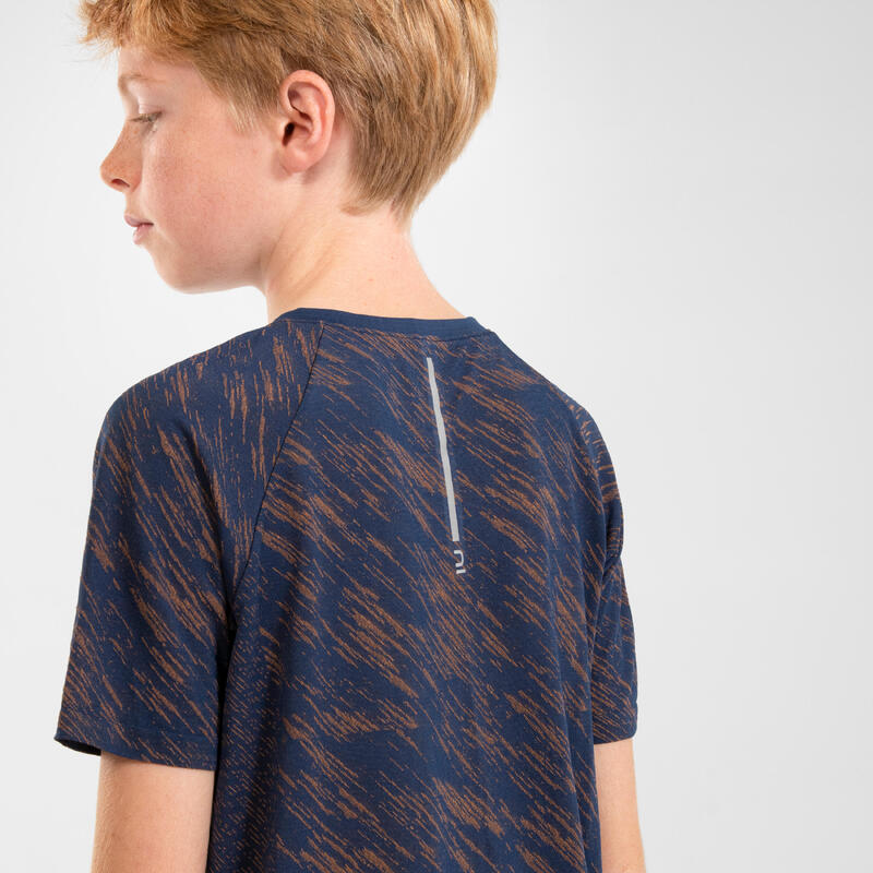 Naadloos hardloopshirt voor kinderen CARE marineblauw/oranje