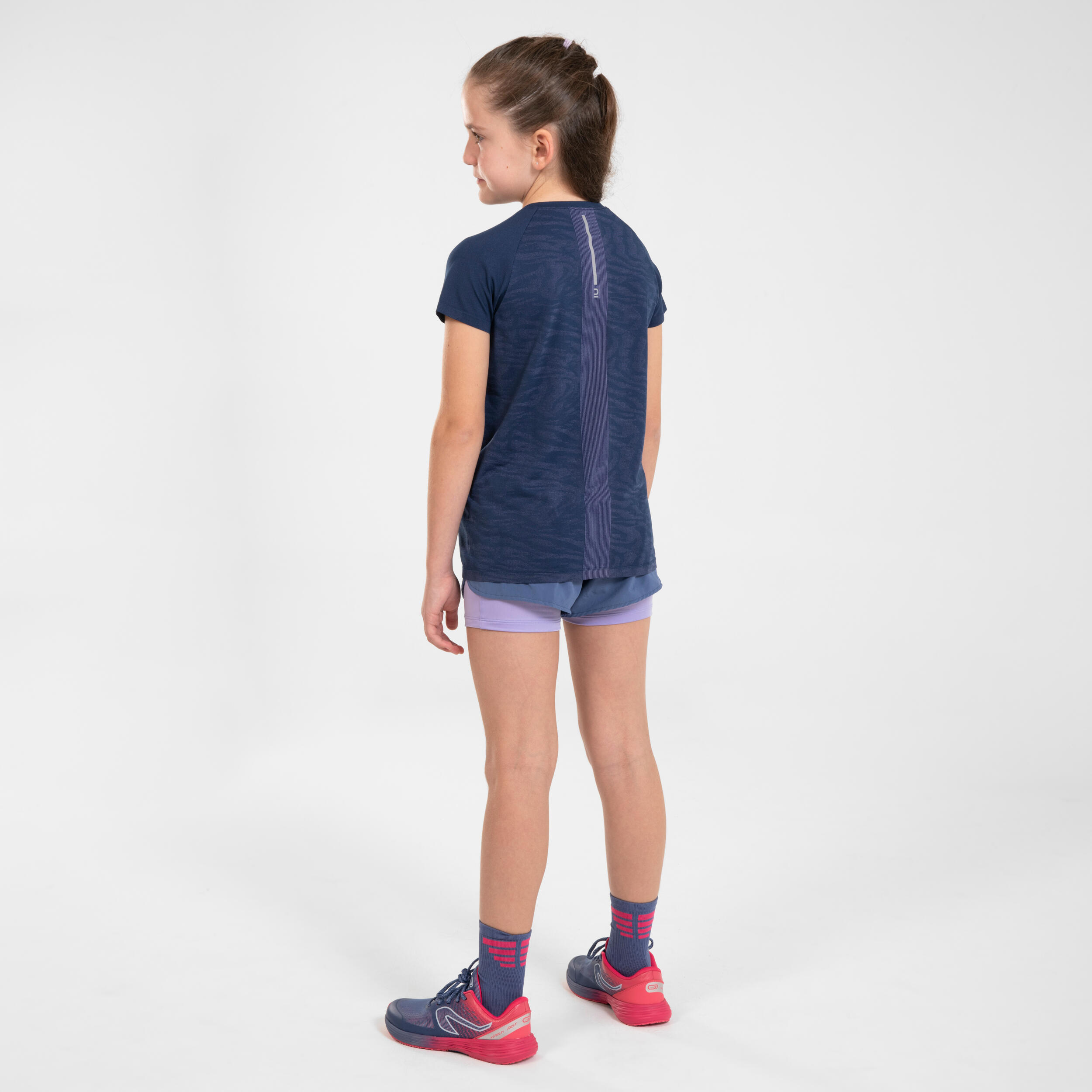 KIPRUN DRY+ girl's breathable 2-in-1 tight running shorts - denim and mauve 14/14