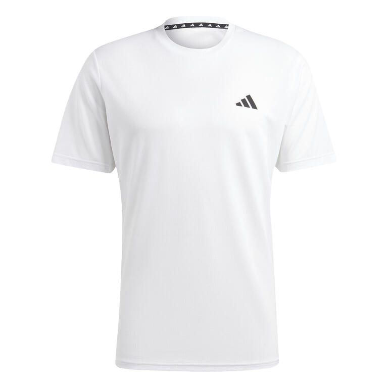 Bela muška sportska majica kratkih rukava brenda Adidas sa crnim logotipom na grudima.