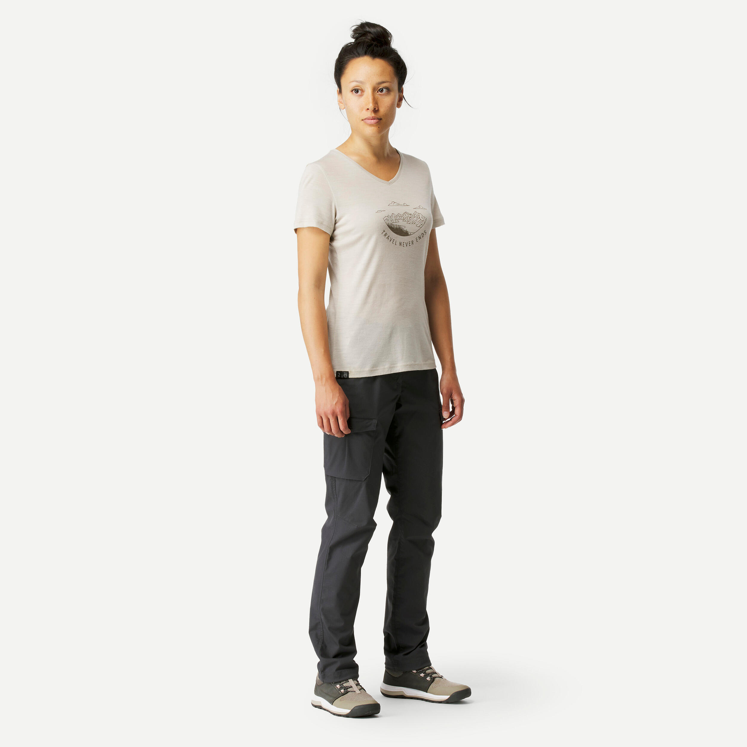 Women's Travel Trekking Cotton Cargo Trousers Travel 100 - grey 7/8