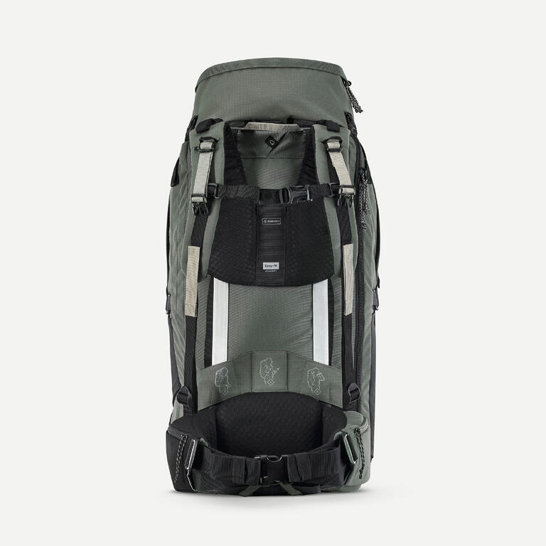 Grey men's 70L travel trekking backpack showing the padded back support and adjustable straps.