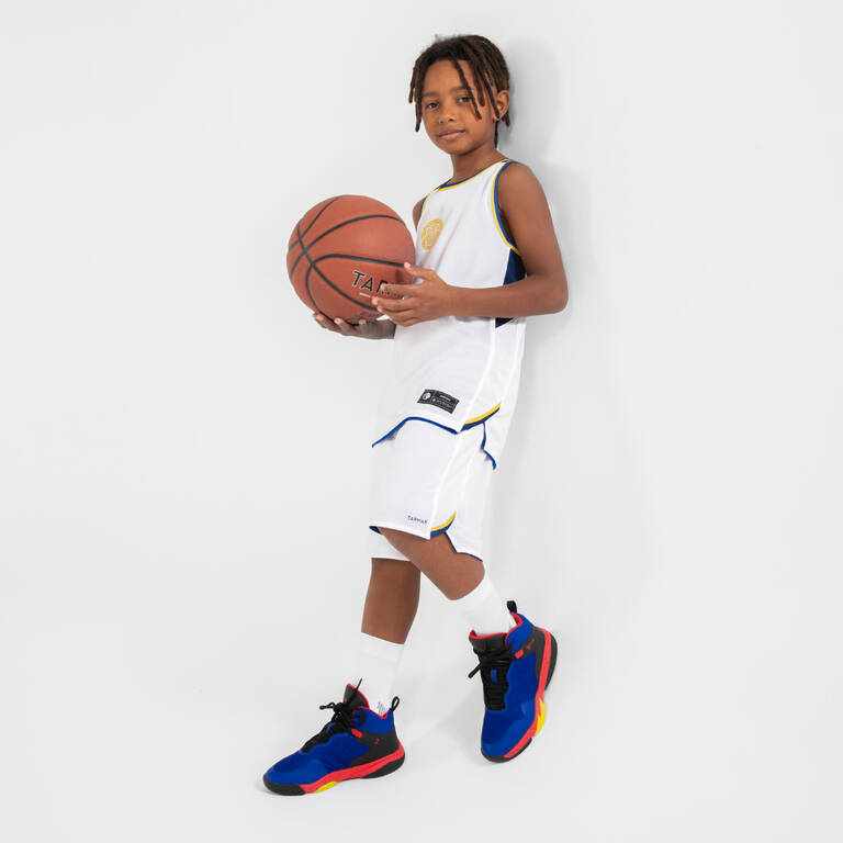 Kids' Reversible Sleeveless Basketball Jersey T500R - White/Blue