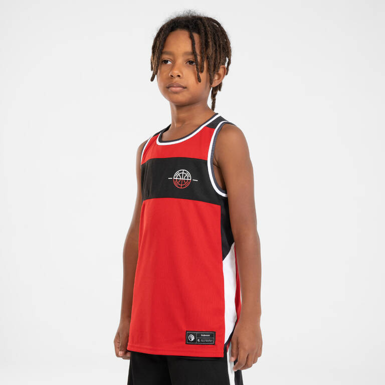 Jersey Basket Anak Reversible T500R Tanpa Lengan - Merah/Hitam