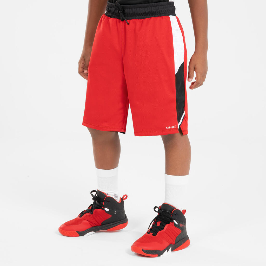 Detské obojstranné basketbalové šortky SH500R čierno-červené