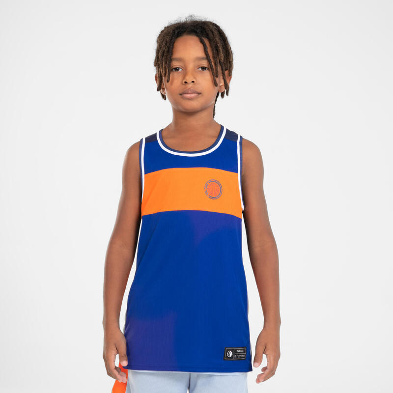 Basketbal shirt kind T500R omkeerbaar marineblauw/lichtblauw