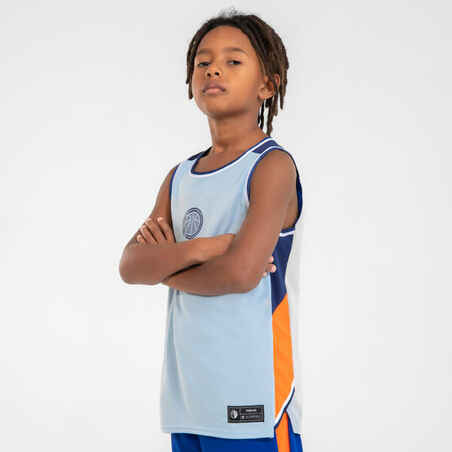 Kids' Reversible Sleeveless Basketball Jersey T500R - Light Blue/Dark Blue