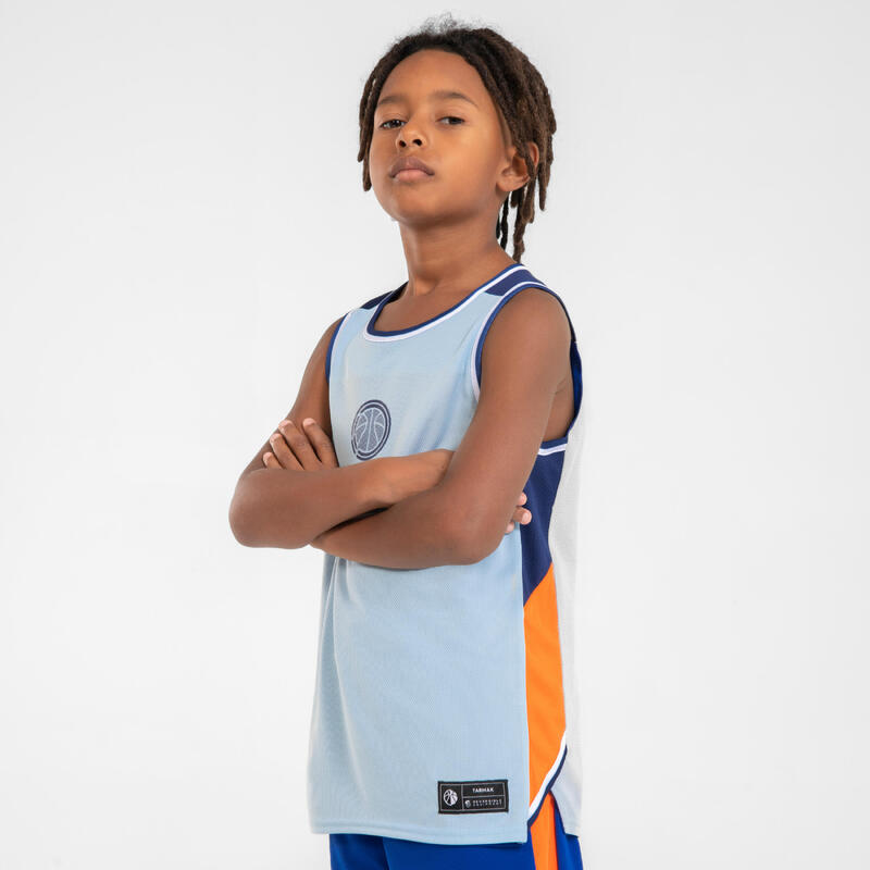 Omkeerbaar mouwloos basketbalshirt voor kinderen T500R lichtblauw/donkerblauw