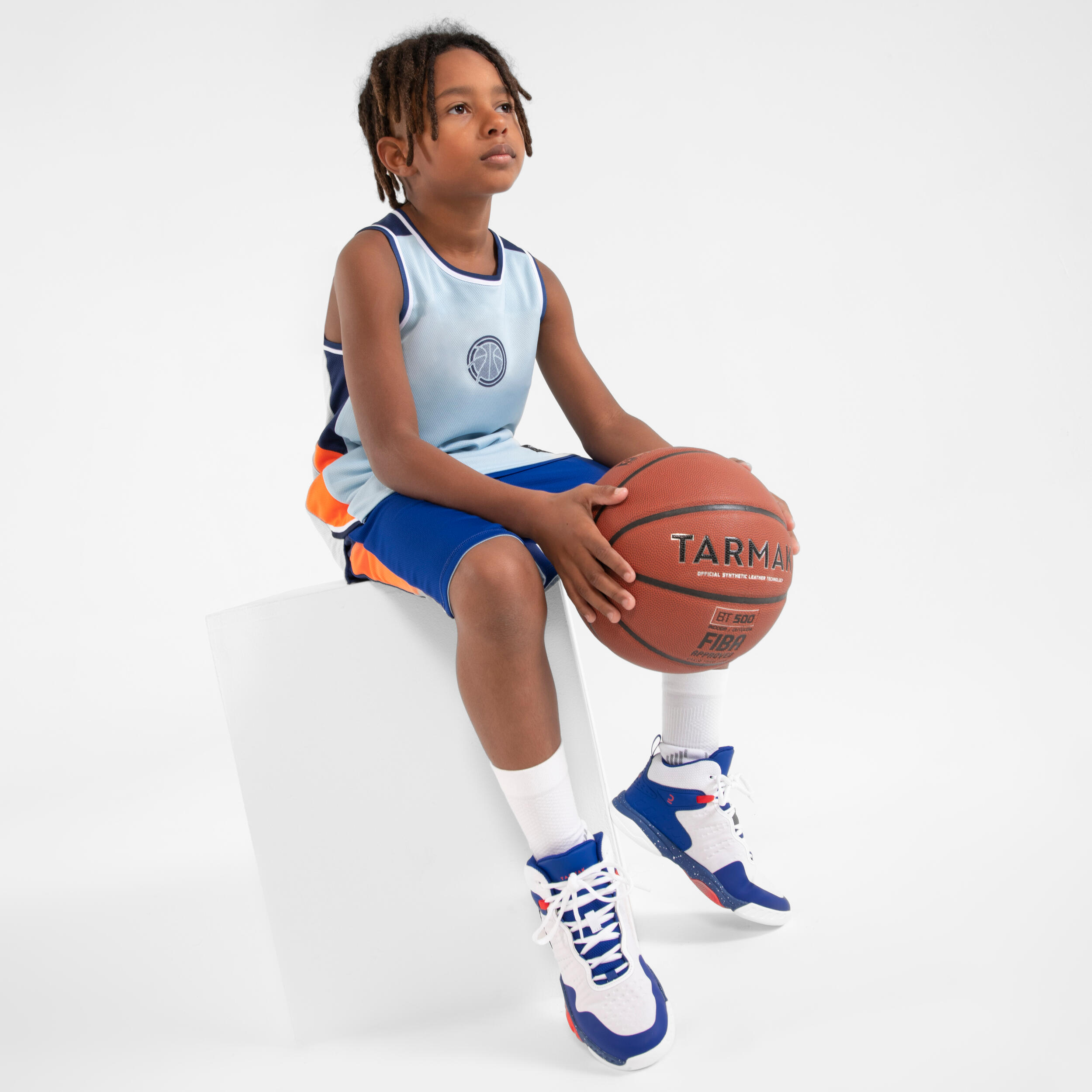 Kids' Reversible Sleeveless Basketball Jersey T500R - Light Blue/Dark Blue 5/11