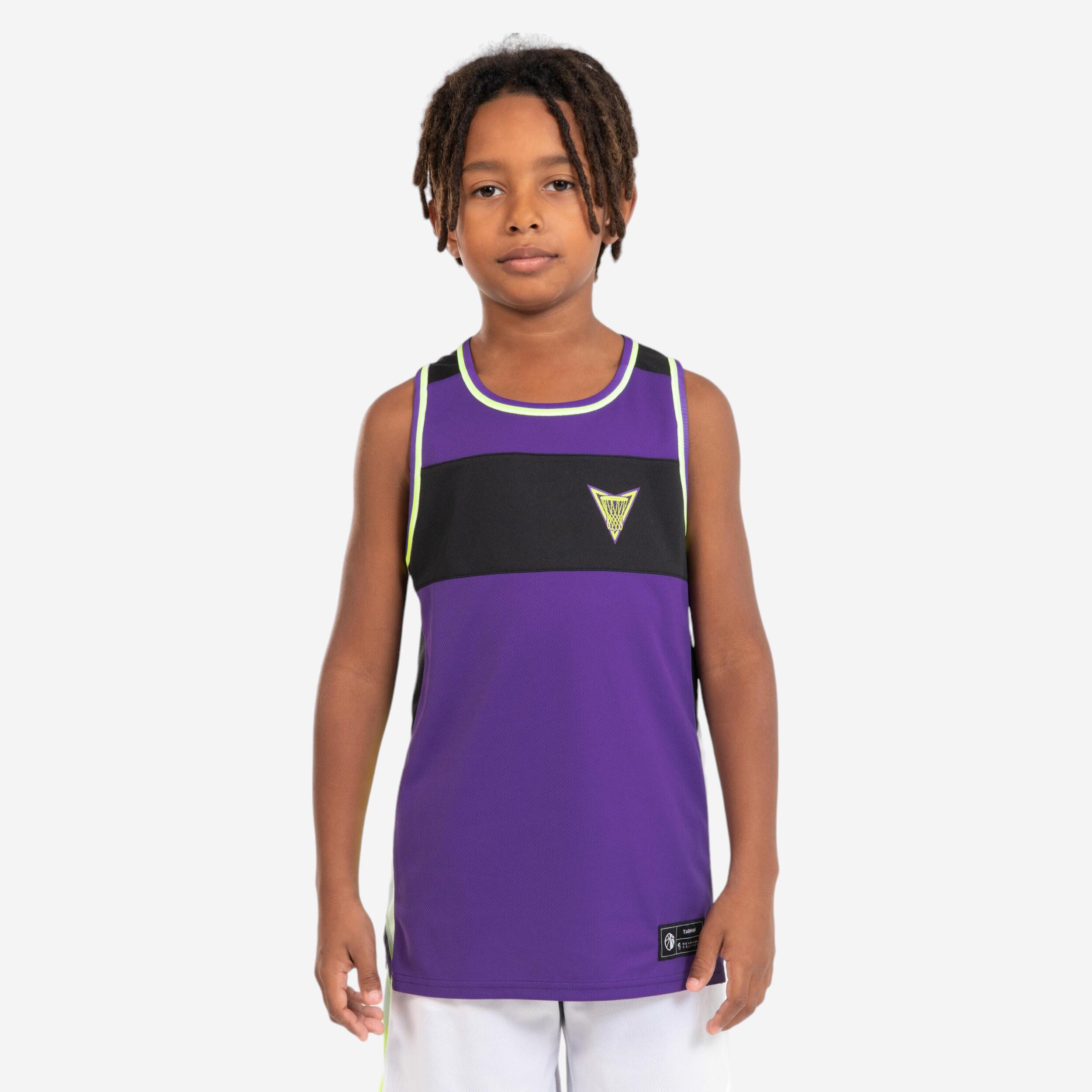 Kids' Reversible Sleeveless Basketball Jersey T500R - White/Purple 1/11