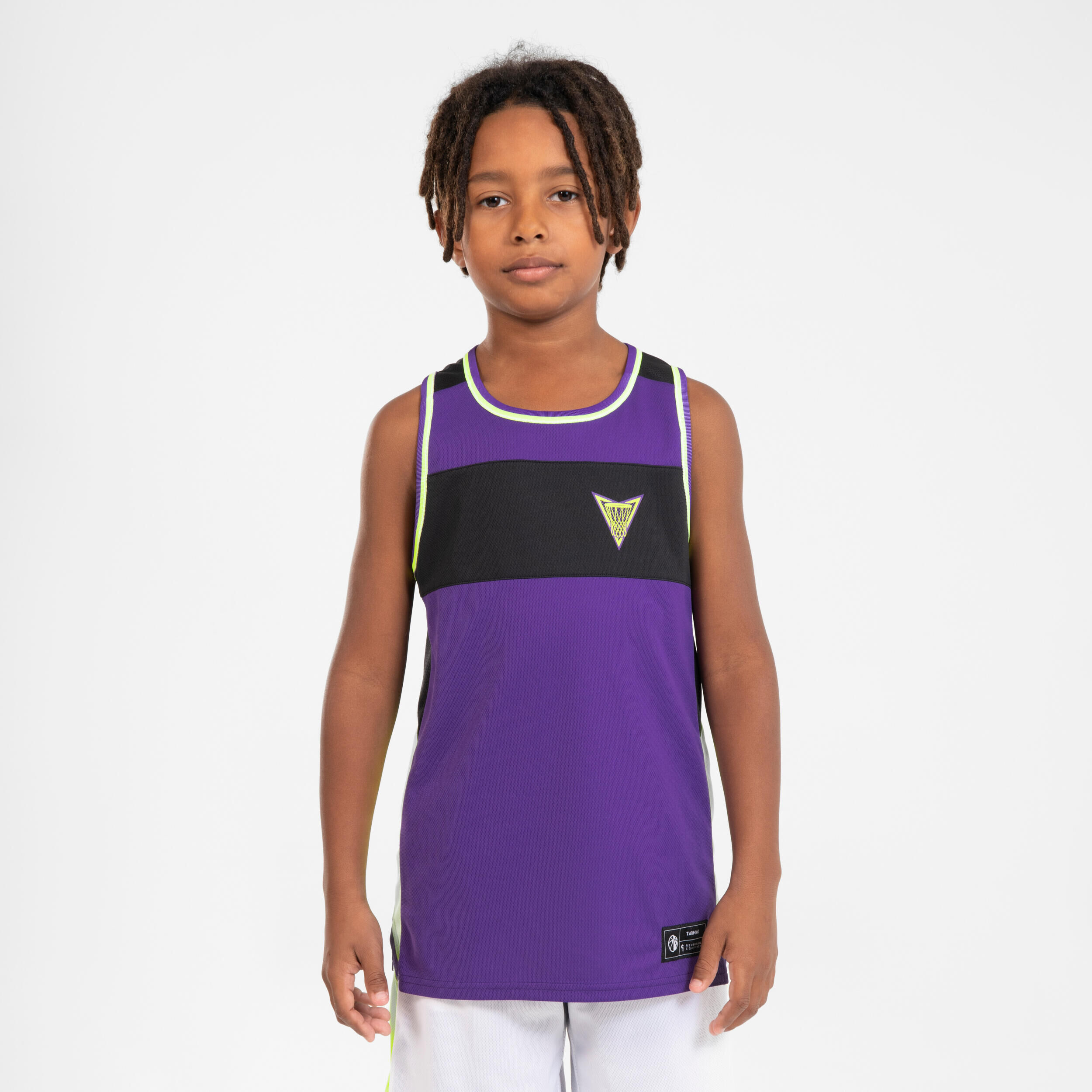 TARMAK Kids' Reversible Sleeveless Basketball Jersey T500R - White/Purple