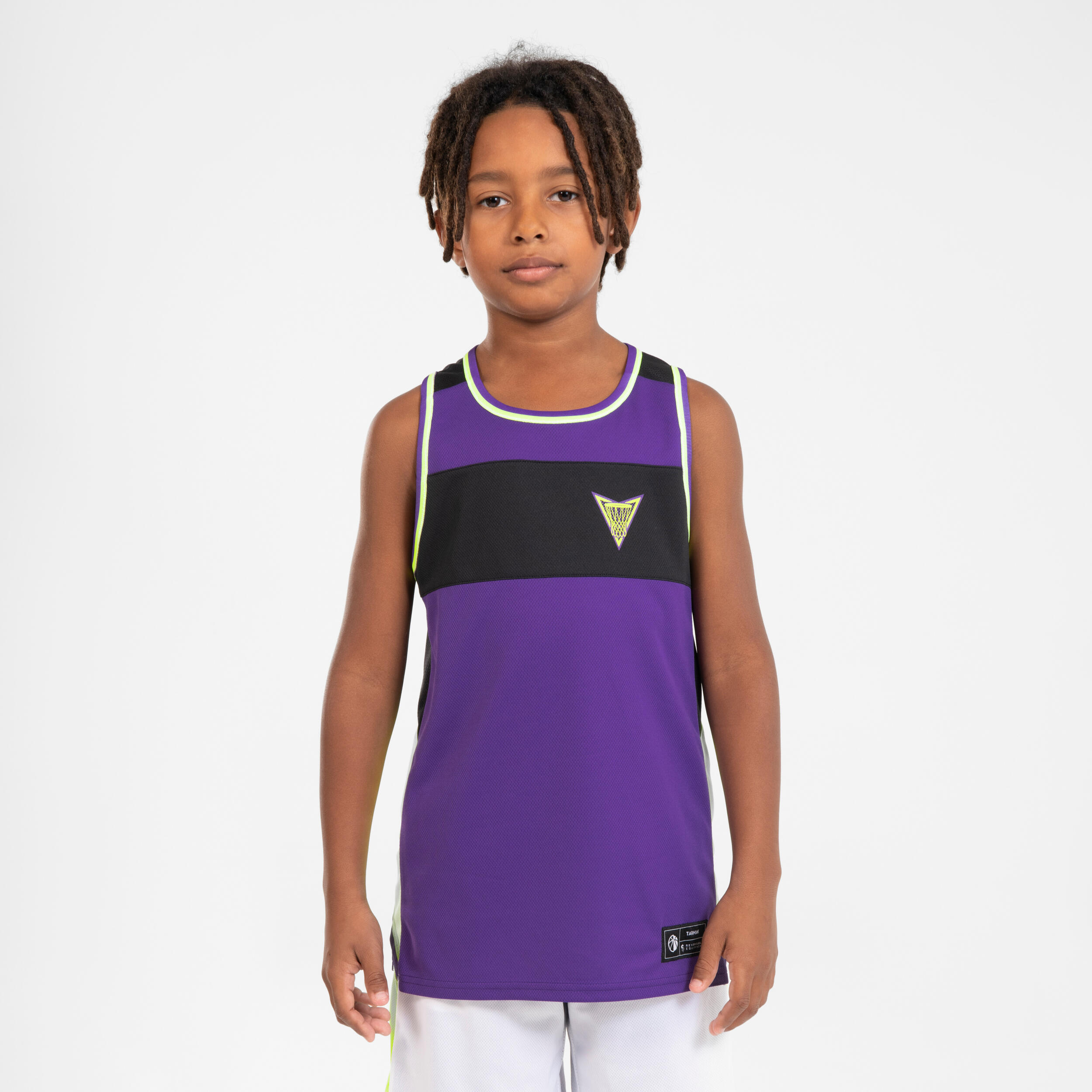 MAILLOT DE BASKETBALL SANS MANCHE REVERSIBLE ENFANT - T500R BLANC VIOLET