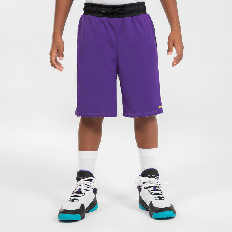 Pantaloncini basket bambino SH 500R reversibili bianco-lilla
