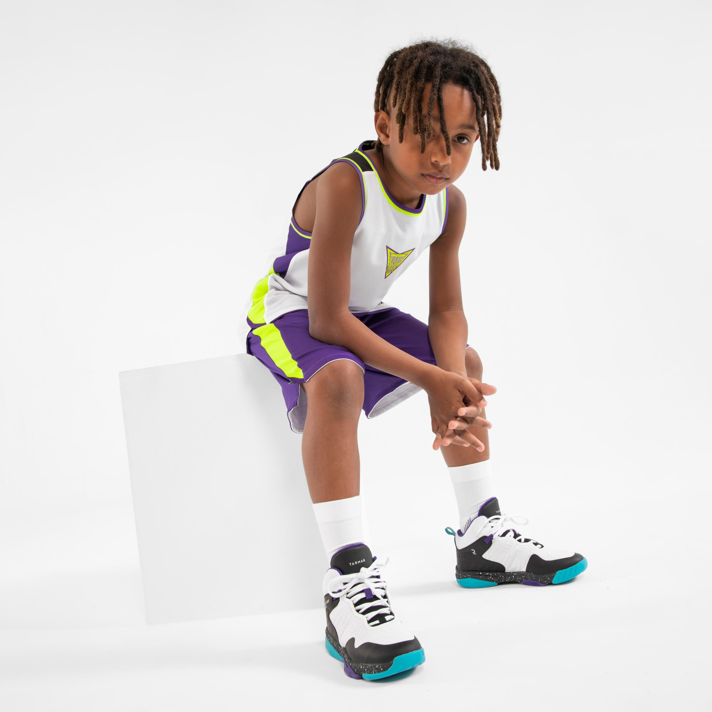 Kids' Reversible Sleeveless Basketball Jersey T500R - White/Purple 5/11