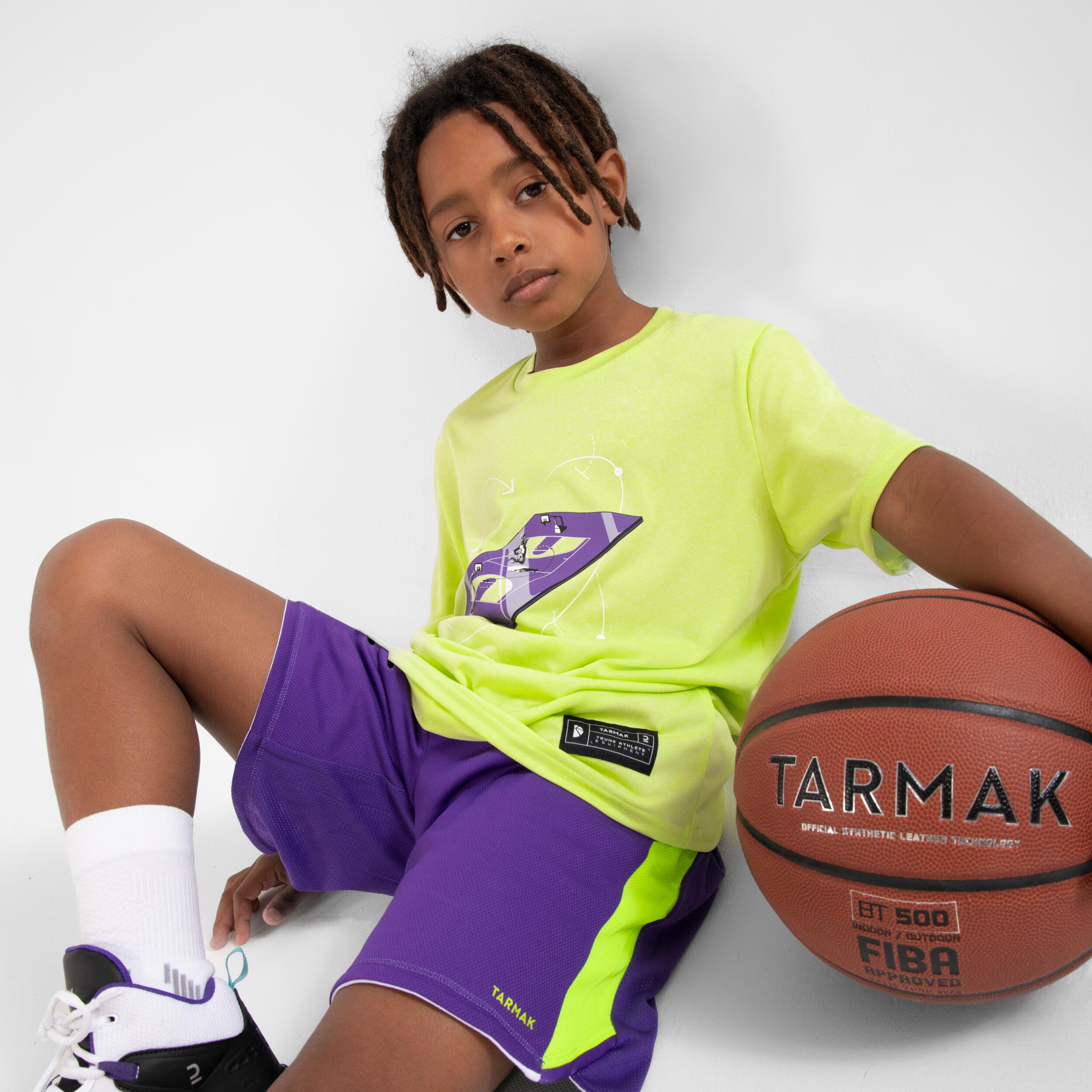 Kids' Reversible Basketball Shorts SH500R - White/Purple 4/11