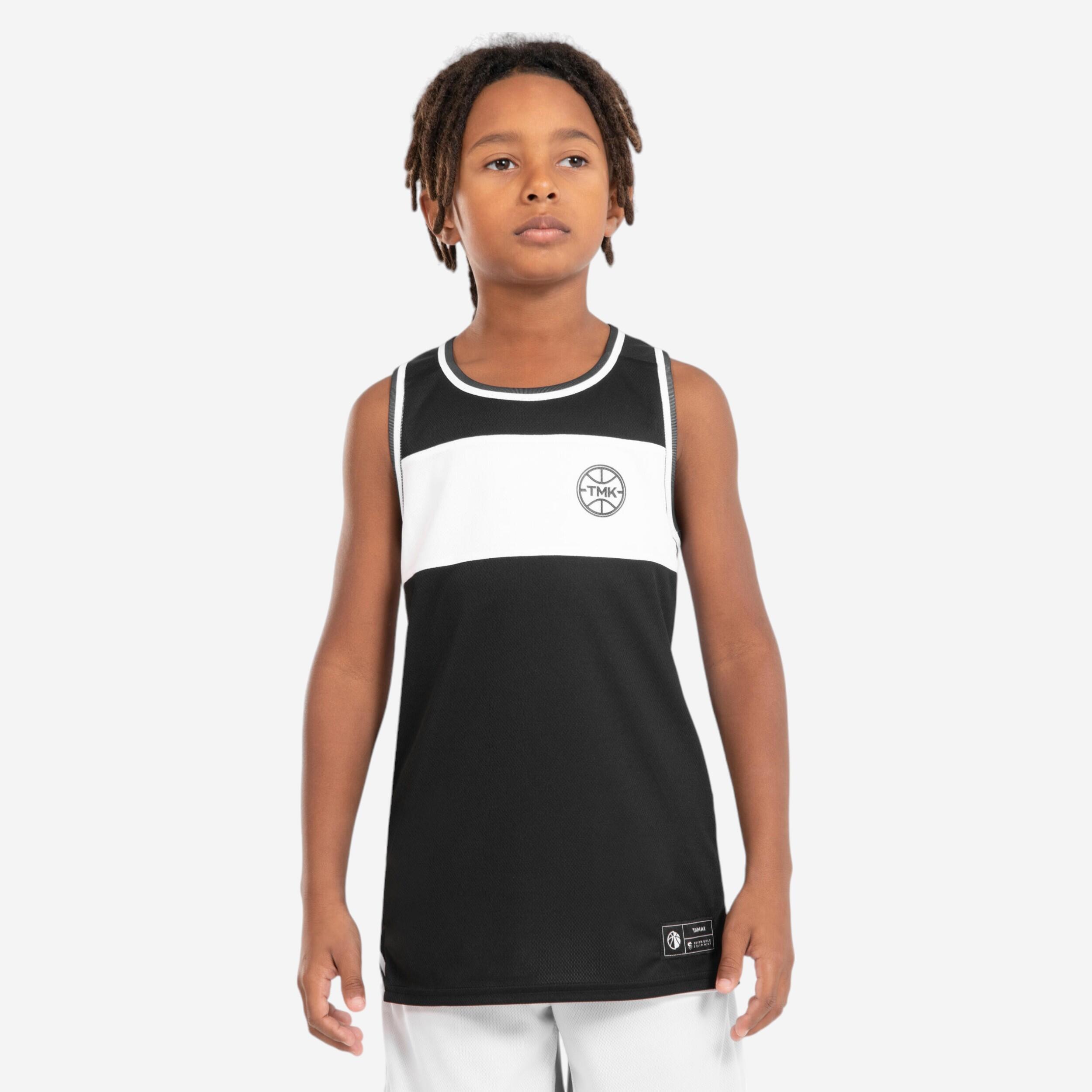 Maglia da basket senza maniche reversibile da bambino - T500R JR nero bianco