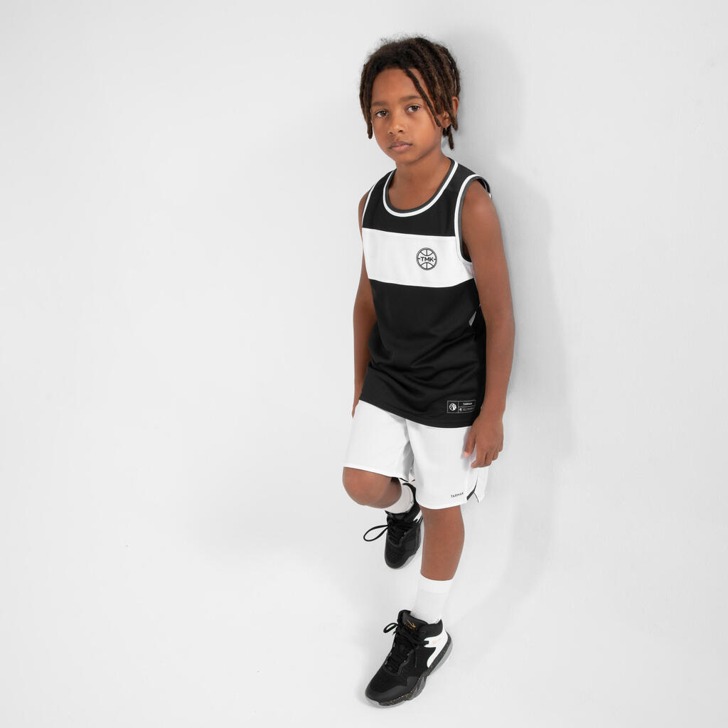 Bērnu abpusējais basketbola džersijs bez piedurknēm “T500R”, melns/balts