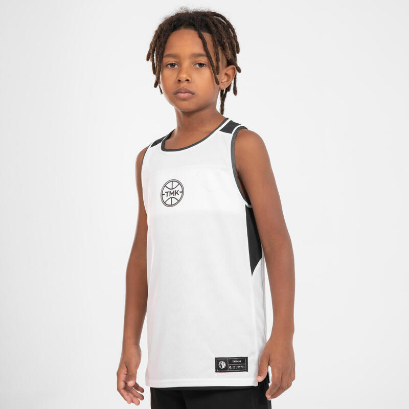 T-Shirt sem Mangas de Basquetebol Criança T500 Reversível Preto/Branco