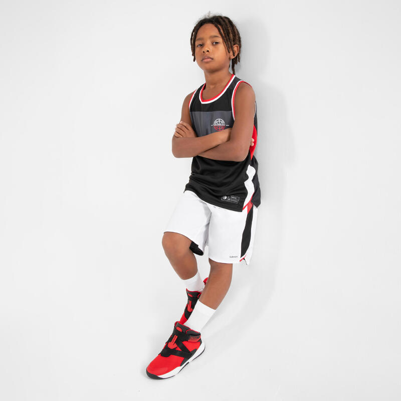 兒童款雙面籃球短褲SH500R-黑/白/紅