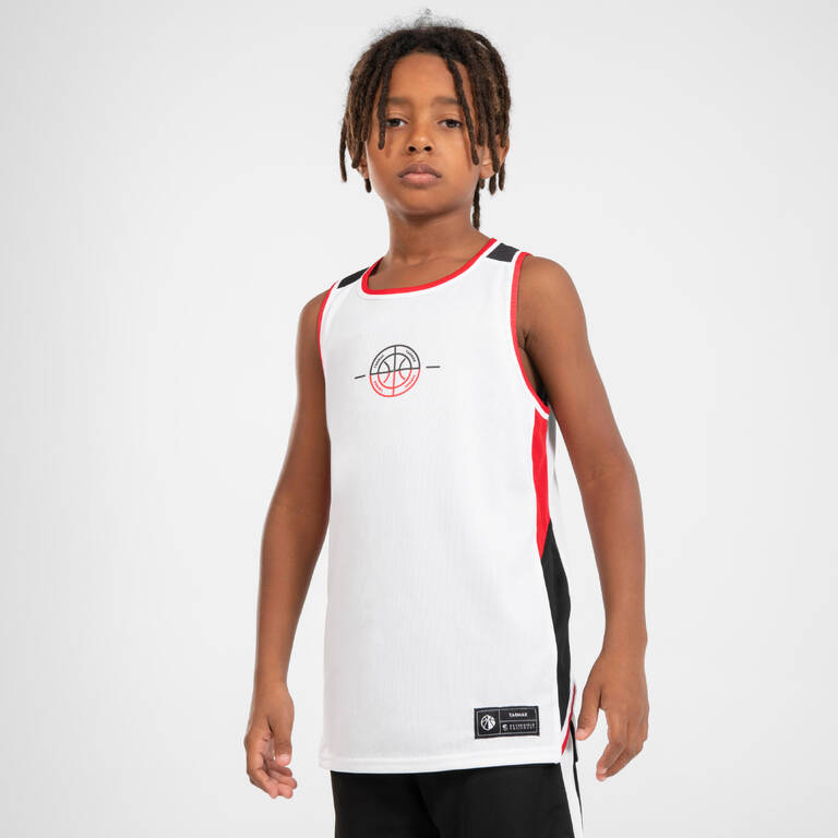 Kids' Reversible Sleeveless Basketball Jersey T500R - White/Red/Black