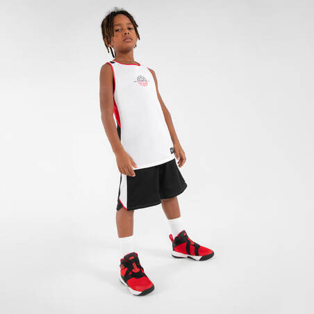 Jersey Basket Anak Tanpa Lengan Dua Sisi T500R - Putih/Merah/Hitam