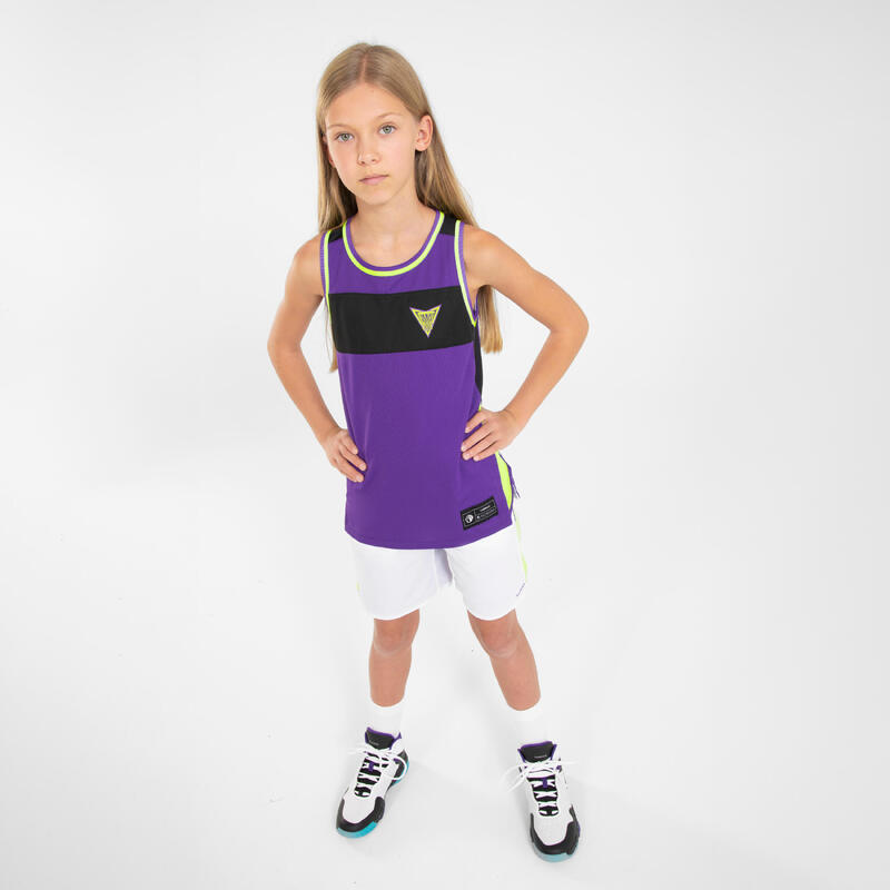 Dětský basketbalový oboustranný dres T500R bílo-fialový 