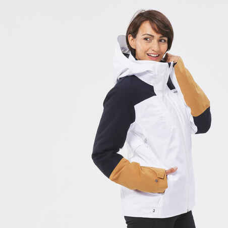 Skijaška jakna 500 Sport ženska bijelo-tamnoplavo-smeđa 