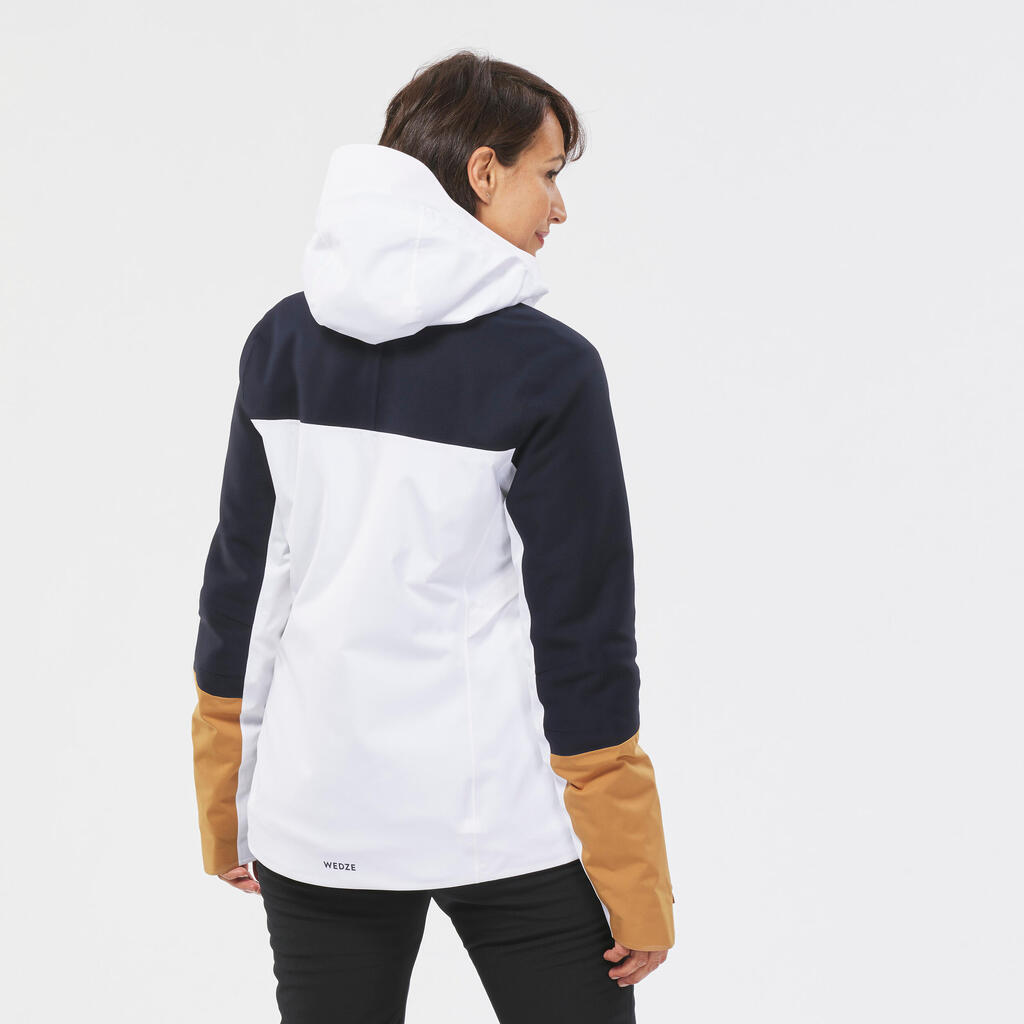 Sieviešu slēpošanas jaka “500 Sport”, balta/tumši zila/brūna