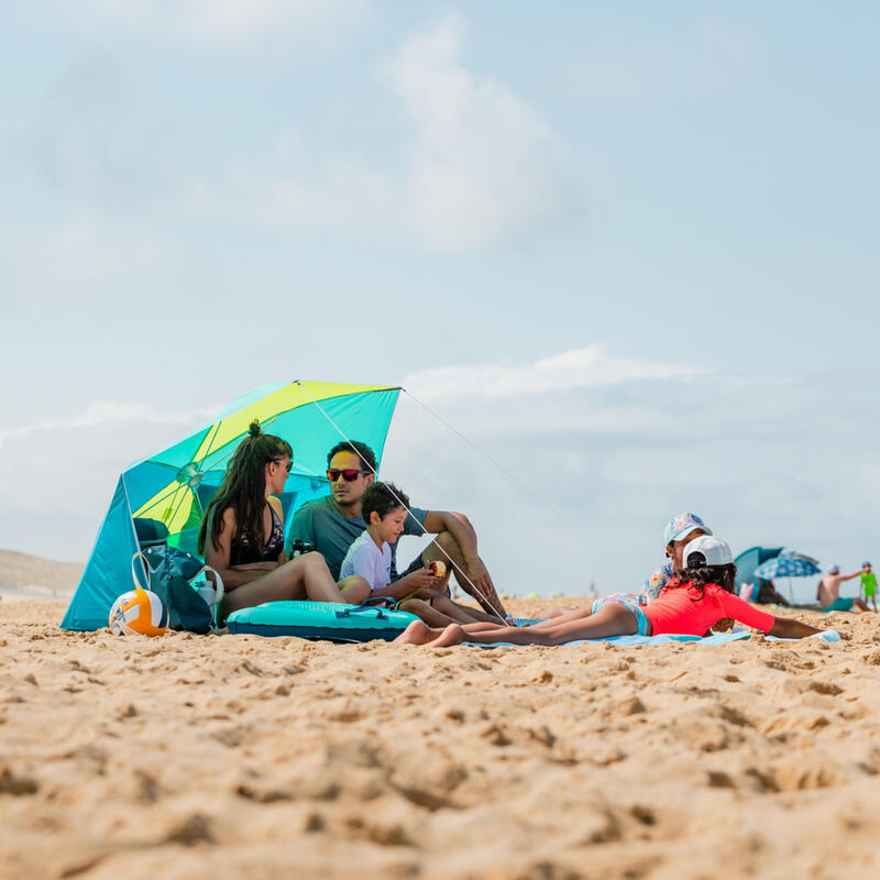 Parasol Abri plage solaire Iwiko 180 bleu jaune UPF50+ 3 places